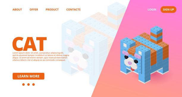 网页模板与一个蓝色的猫。向量图片下载