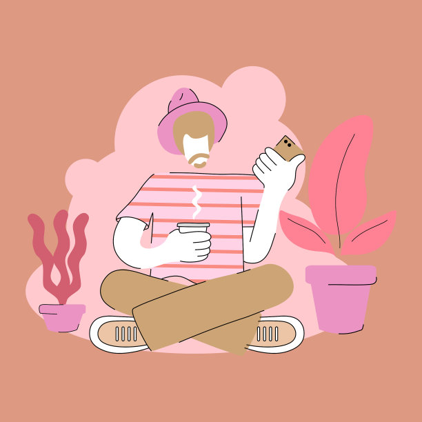 一个人正坐着喝咖啡，看着他们的智能手机。他们周围都是盆栽植物。图片下载