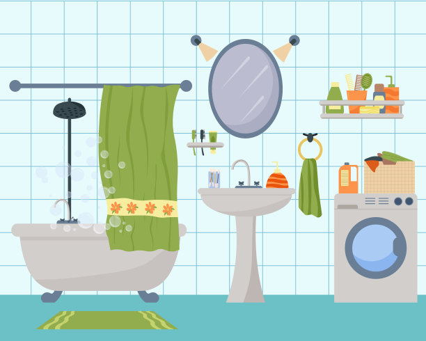 浴室室内家具。浴室有窗帘，水槽和镜子，洗衣机。毛巾和洗衣篮。图片下载