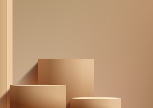 以米色为背景，不同尺寸的3D棕色三个讲台，极简风格，产品展示，Mockup, Showcase, Showroom展示图片下载