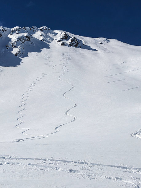 美丽的深雪从达沃斯蒙斯坦的belenhorn山山顶降下来。第一行。瑞士山区滑雪之旅。滑雪登山。自由式滑雪…高质量的照片。图片下载