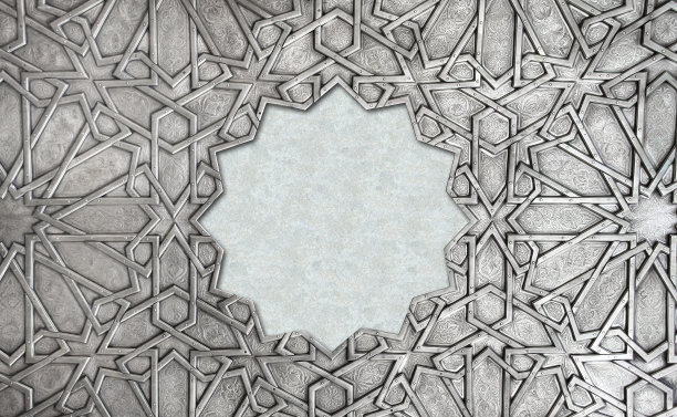 框架与传统的伊斯兰装饰。古色古香的摩洛哥花卉图案的铜质百叶窗。带有艺术感的东方饰品，以黄铜为饰面。文本复制空间图片下载