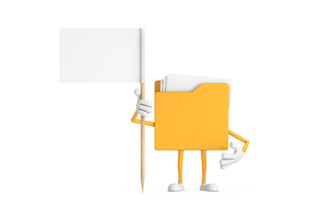黄色文件夹图标卡通人物吉祥物与白旗与自由空间为您的设计。3d渲染图片下载
