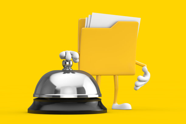 黄色文件夹图标卡通人物吉祥物与酒店服务铃呼叫。三维渲染图片下载