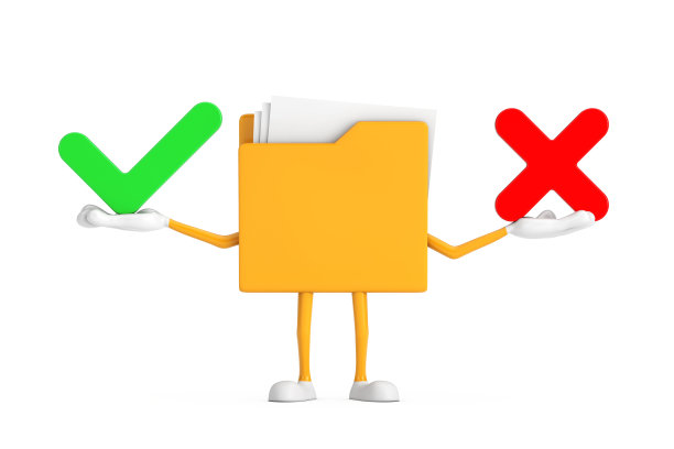 黄色文件夹图标卡通人物吉祥物与红十字和绿色检查标记，确认或否认，是或否图标标志。3d渲染图片下载