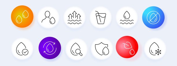 水图标集。水滴，水合作用，勾号，水，鸡尾酒，饮料，玻璃杯，雪花。新生变形样式。矢量线图标的业务和广告图片下载