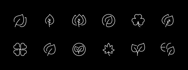 自然图标集。树叶、树木、绿叶、树冠、春天、沙沙声、树枝、草、风、影子、松针。黑色背景上的白线图标。矢量线图标的业务和广告图片下载