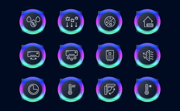 空气净化系统线路图标集。病毒，通风，湿度控制，安全，待在家里。Glassmorphism风格。矢量线图标的业务和广告图片下载