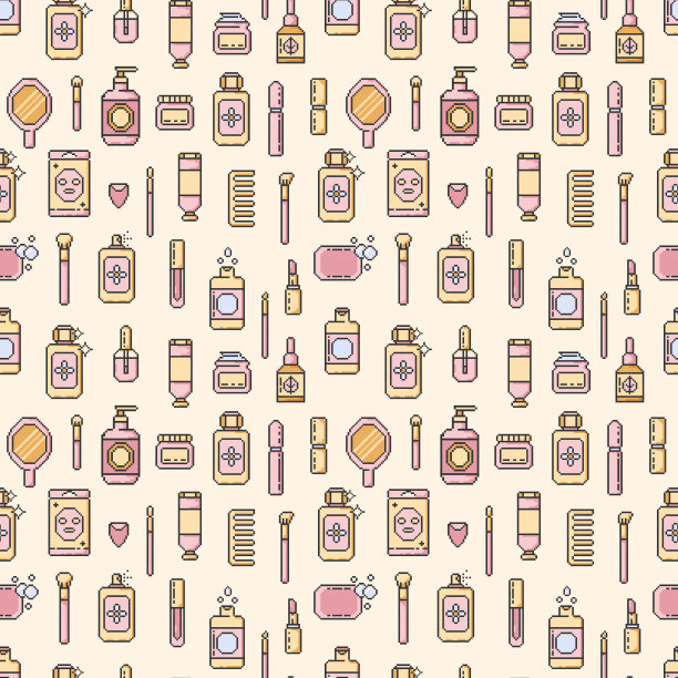 无缝图案彩妆美妆元件、睫毛膏、乳膏瓶、甲产品、毛刷等。像素艺术风格。化妆元素插图壁纸，背景，纺织品。矢量插图EPS 10图片下载