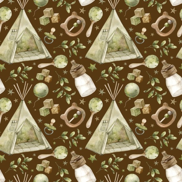 婴儿水彩图案与棚屋，奶瓶，摇铃，立方体，安抚奶嘴和植物在棕色的背景。孤立手绘插图儿童室内，卡片，贴纸，纺织品，设计图片下载