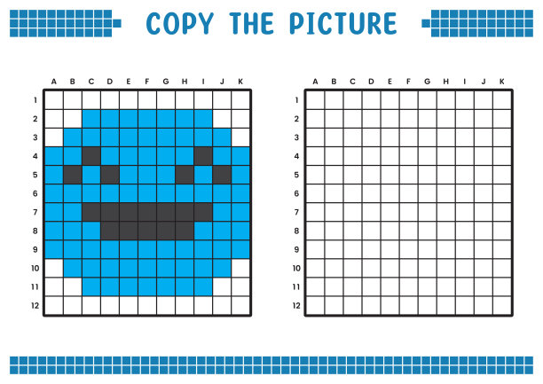 复制图片，完成网格图像。用正方形绘制的教育工作表，着色单元格区域。幼儿学前活动。卡通矢量，像素艺术。一张微笑的脸的插图。图片下载