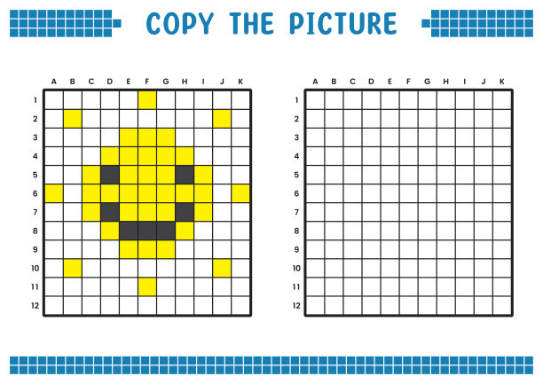 复制图片，完成网格图像。用正方形绘制的教育工作表，着色单元格区域。幼儿学前活动。卡通矢量，像素艺术。太阳笑脸插图。图片下载