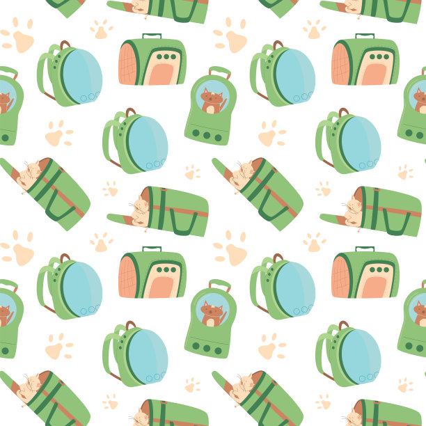 宠物载体无缝图案。国内动物运输箱背景无尽。封面。手提袋和背包为猫和狗户外。矢量平面插图图片下载
