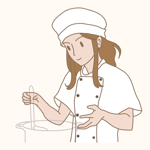 穿白夹克的厨师用勺子在锅里搅拌汤。手绘平面卡通人物矢量插图。图片下载