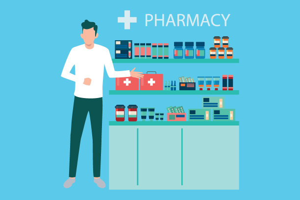 一个男孩正在药房讲药。图片下载