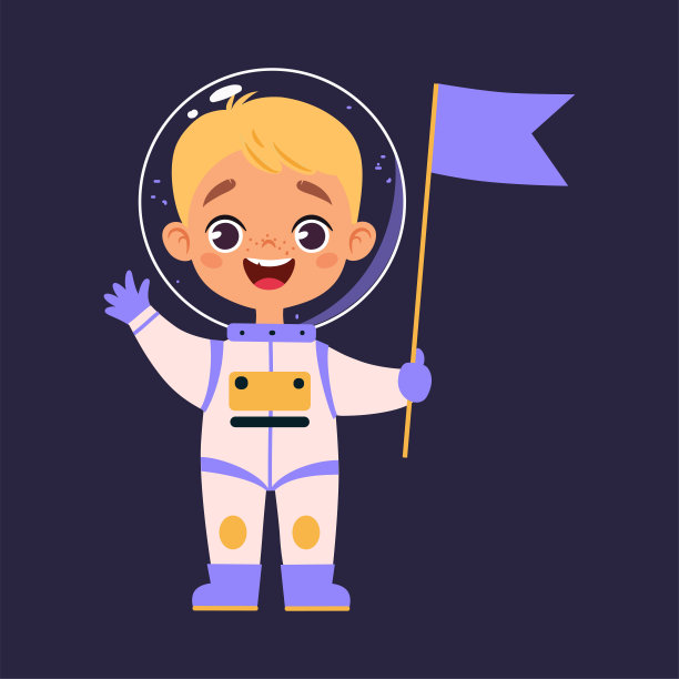 太空冒险与小男孩宇航员在航天服与旗帜探索星系矢量插图图片下载