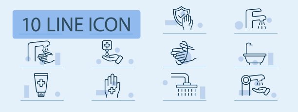 防腐设置线图标。卫生，清洁，健康，健康，自我护理，日常事务，淋浴，沐浴。柔和的颜色背景。矢量线图标的业务和广告图片下载