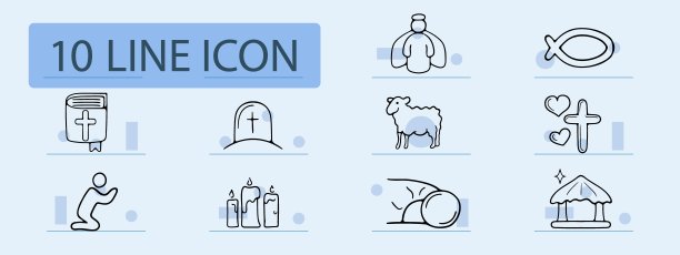 宗教设置线图标。天使，光环，祈祷，面包，圣餐，凉亭，圣经，十字架，爱心，蜡烛。柔和的颜色背景。矢量线图标的业务和广告图片下载