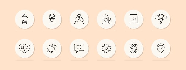 日期设置线图标。感情、香槟、心、气球、短信、沟通、书、爱。粉彩背景矢量线图标的业务和广告图片下载