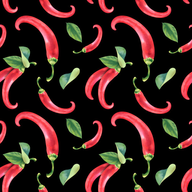 水彩无缝图案与蔬菜红辣椒在黑色背景上的特写。健康的蔬菜。辛辣的菜肴。手绘插图。设计师的剪贴画，在织物上印刷。图片下载