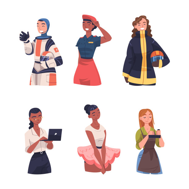 年轻女子有不同的职业穿着统一的矢量插图集图片下载