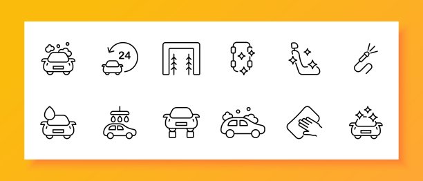 洗车图标集。泡沫，灰化，毛巾，水流，清洁，抛光，滴，肥皂。白色背景上的黑色图标。矢量线图标的业务和广告图片下载
