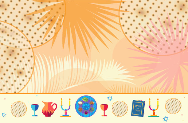 逾越节快乐-翻译希伯来语字母，犹太节日复古贺卡与哈加达书，酒瓶，四个酒杯，无酵饼，逾越节家宴餐盘，孤立的，逾越节家宴仪式的犹太传统符号，以色列，矢量插图图片下载