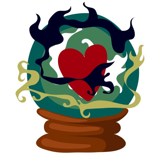 平面矢量插图的魔术球，爱，心。一个水晶球在一个支架上，一个巫师的属性。算命，算命，分类概念与神灵交流的物品图片下载