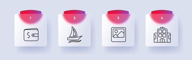 休息设置图标。旅游、度假、钱包、钞票、照片卡、游艇、三星级、景观、酒店、车牌、编号。旅游和漫游的概念。Glassmorphism风格。图片下载