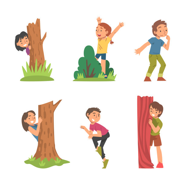 孩子们玩捉迷藏隐藏在树和灌木矢量集后面图片下载