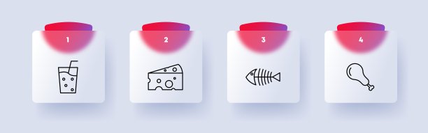 食物集图标。鸡尾酒、玻璃杯、饮料、吸管、带孔奶酪、鱼骨、鱼鳍、鸡腿、肉、骨、精致、编号、扁平风格。烹饪菜品概念。Glassmorphism风格。图片下载