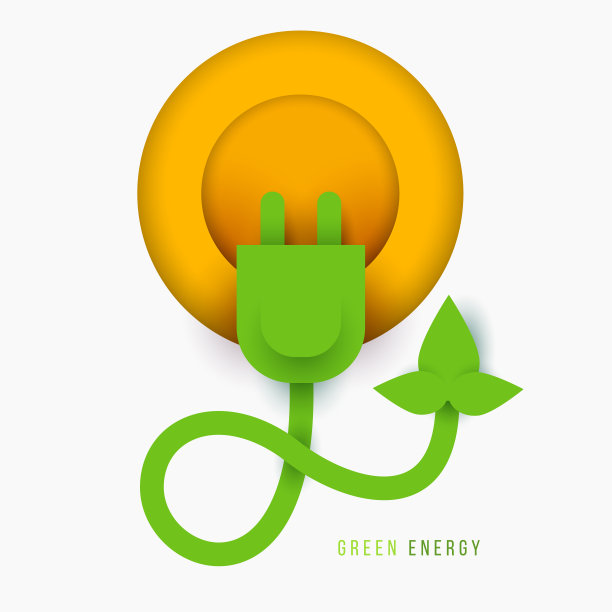 绿色插头，末端有软线和叶片。创意3d剪纸风格。保护地球成分。现代生态概念艺术。抽象最小向量插图。图片下载