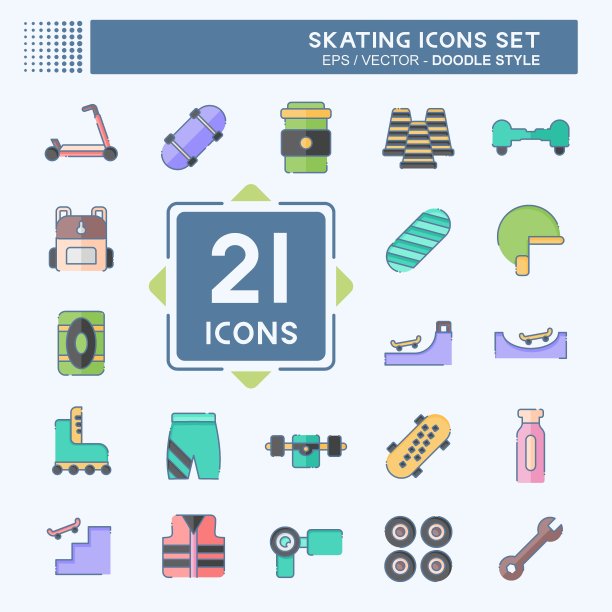 图标集滑冰。与运动有关的符号。涂鸦风格。简单的设计说明图片下载