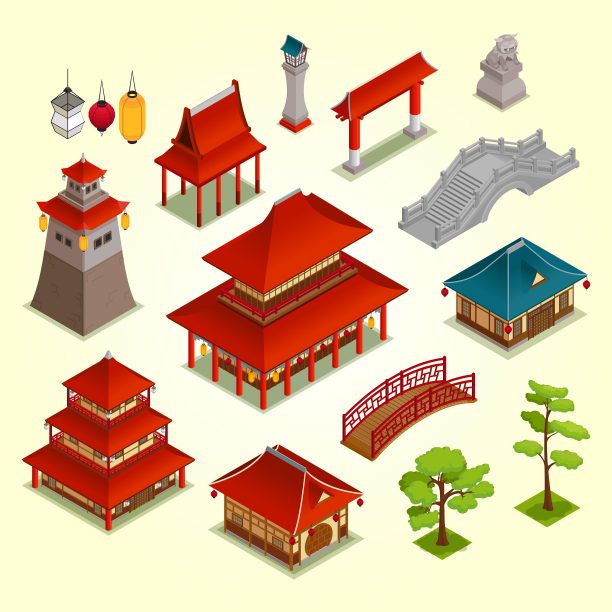 亚洲建筑园林建筑等距集孤立矢量插图图片下载