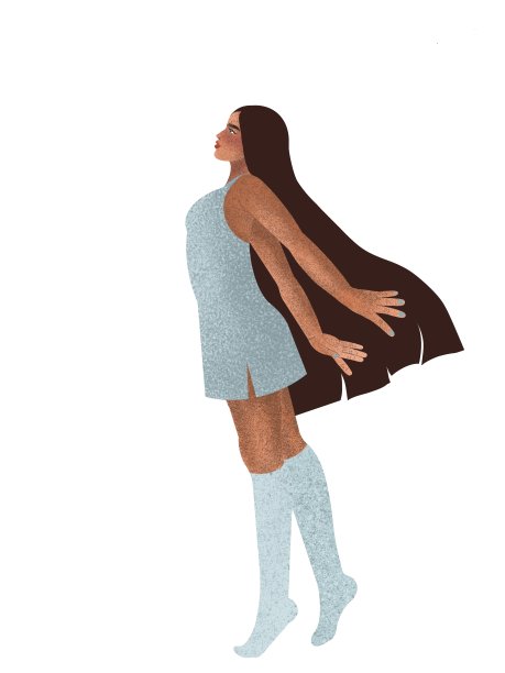 一个穿着背心裙和及膝袜的深色长发的女人站在白色背景上美丽可爱的年轻女人的侧面图片下载