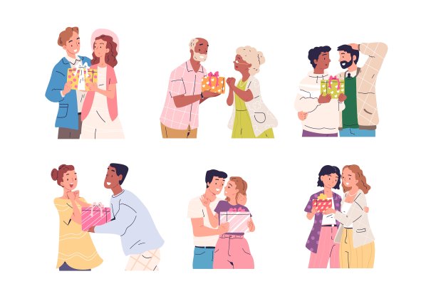 情侣互赠礼物，男友给女友惊喜，周年纪念日浪漫礼物矢量插画图片下载
