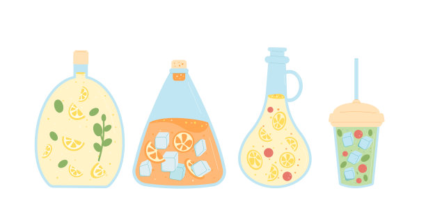 自制软饮集隔离在白色背景。果汁，水和柠檬水瓶子，烧瓶和玻璃杯。新鲜的酸甜饮料，有浆果、冰、水果和绿茶。矢量图图片下载