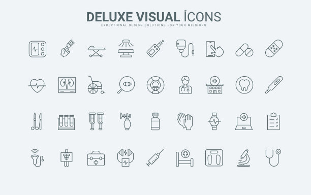 医疗器械和医院诊断设备，手术器械线图标集图片下载