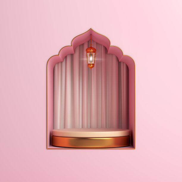 伊斯兰教展示平台装饰背景与清真寺的窗户灯笼，斋月，斋月，开斋，以色列miraj，开斋节，宰牲节，穆哈拉姆，3D插图。图片下载