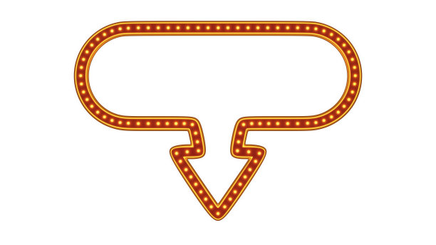 红色箭头讲话泡沫金边框光辉光复古广告标志在白色背景。三维渲染图片下载