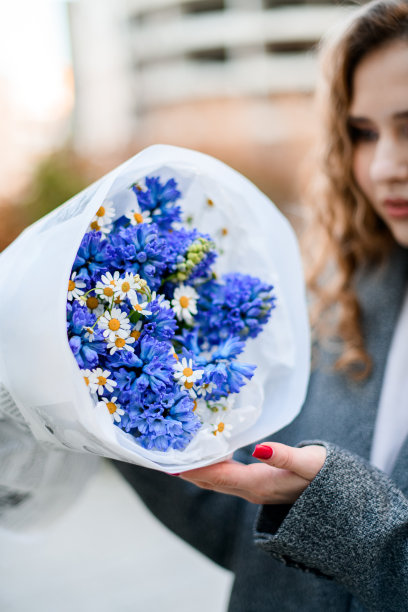把注意力集中在一个女人手里的一束美丽的蓝色风信子和小雏菊上图片下载