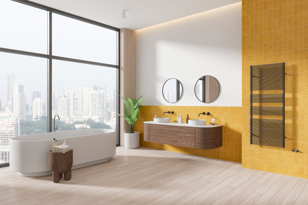 时尚的家庭浴室内部配有浴缸和双水槽，全景窗图片下载