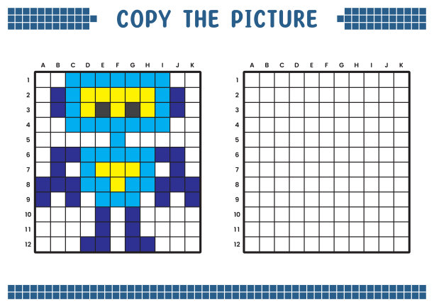 复制图片，完成网格图像。用正方形绘制的教育工作表，着色单元格区域。幼儿学前活动。卡通矢量，像素艺术。超级机器人插图。图片下载