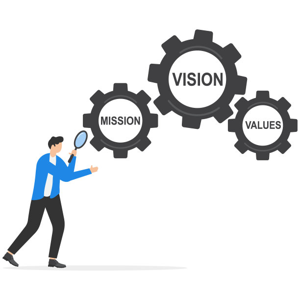 用商人手持放大镜分析企业理念，用文字说明企业使命、愿景和价值观。图片下载