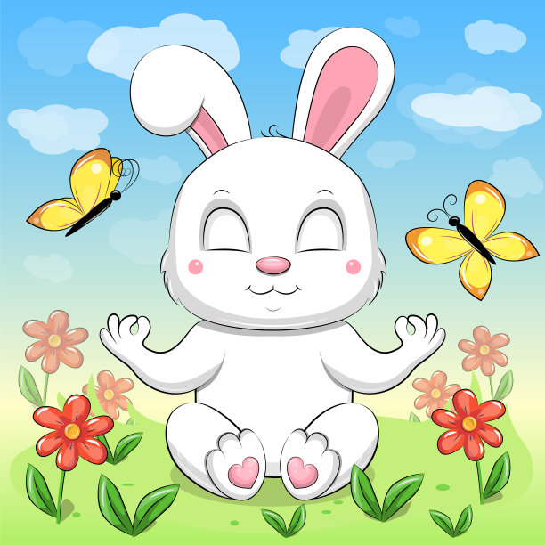 一只可爱的卡通小白兔正在大自然中沉思。图片下载