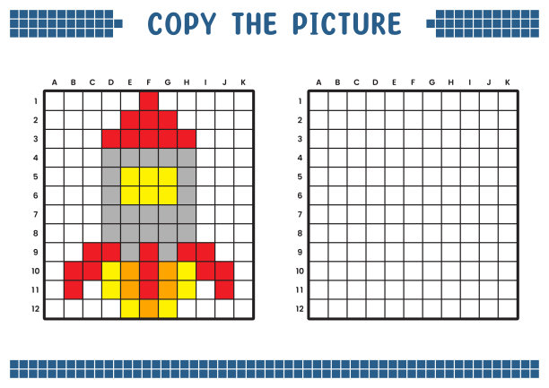 复制图片，完成网格图像。用正方形绘制的教育工作表，着色单元格区域。幼儿学前活动。卡通矢量，像素艺术。太空火箭插图。图片下载