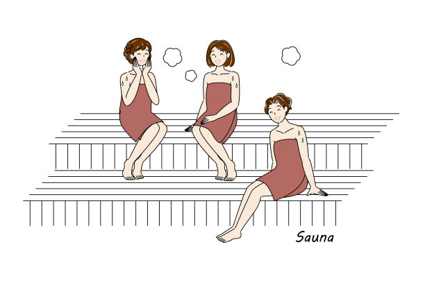 在桑拿房享受桑拿浴的三个可爱女人。Totonou桑拿女孩。简约插画矢量图。图片下载