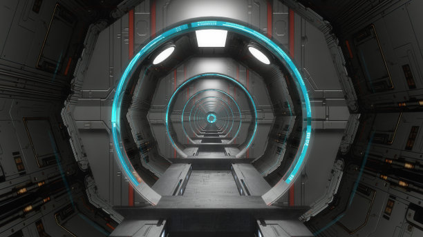 未来宇宙飞船里的无限走廊。三维设计图片下载