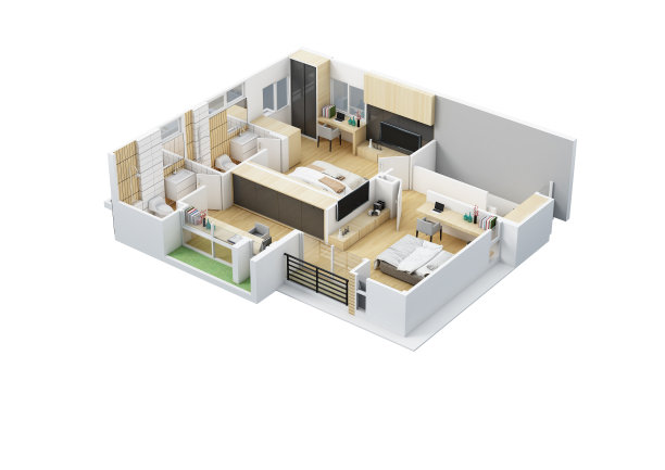 平面图俯视图。房子内部以白色为背景。三维渲染图片下载