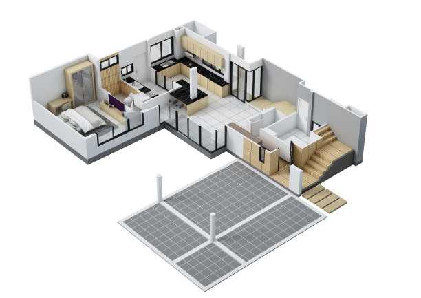 平面图俯视图。房子内部以白色为背景。三维渲染图片下载